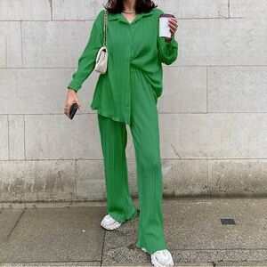 green plisse pleated long sleeve button down shirt and wide leg pants set